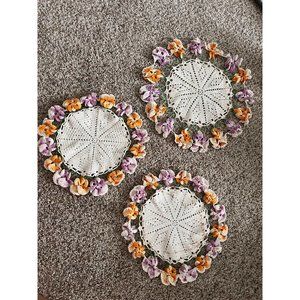 Hand Crocheted Round Pansy Dollies Variegated Pastels Bundle of 3